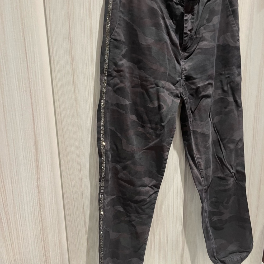 Sundry Black Camouflage with Rhinestone Piping Straight Leg Pants